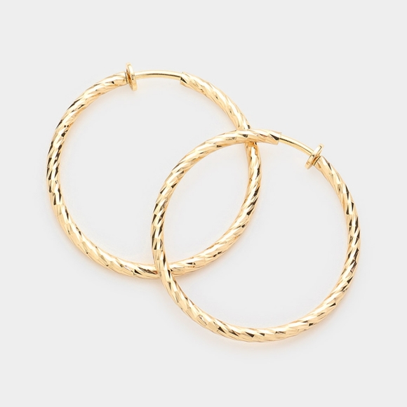 Textured Gold Clip On Hoop Earrings 1.75 Inches Twirl ClipOns ClipOn Jewelry - Picture 2 of 3
